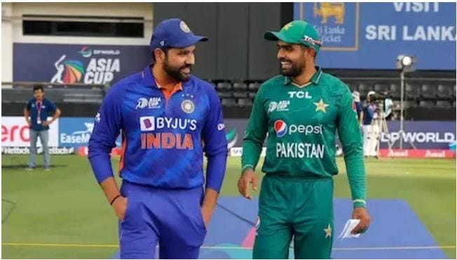 India's skipper Rohit Sharma (left) pictured alongside Pakistan's captain Babar Azam.