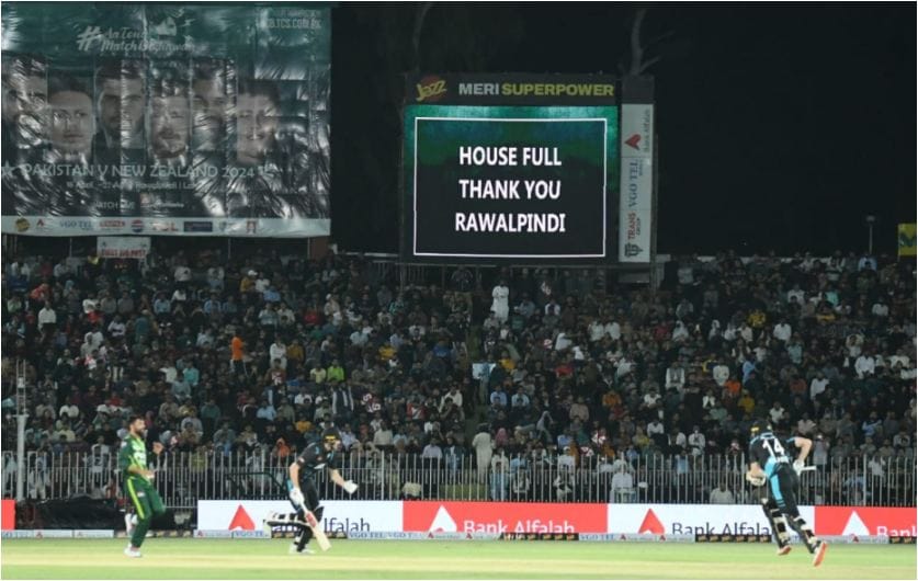 A picture of a packed stadium during a major cricket match in Rawalpindi, highlighting the city's enthusiastic cricket culture