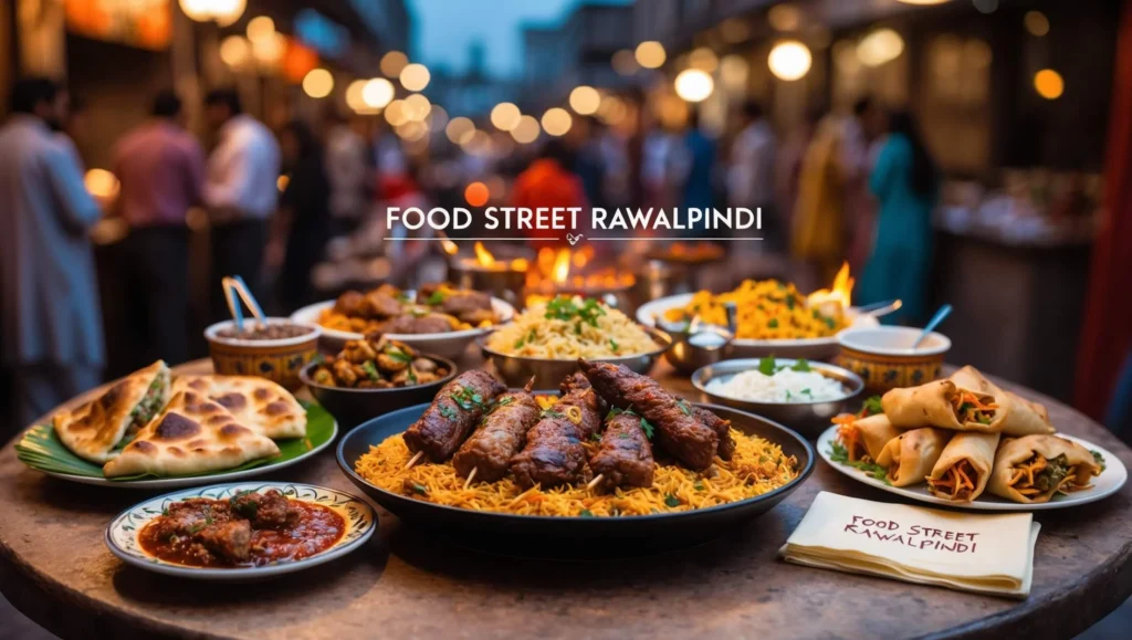 A vibrant image of the food street, with colorful street food stalls and people enjoying traditional Pakistani food. This will emphasize the city's rich culinary culture