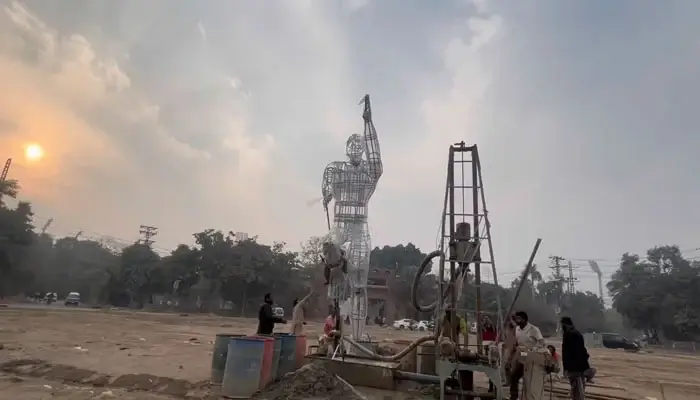 A giant 'running man' statue is being built at the entrance of Gaddafi Stadium in Lahore, Pakistan