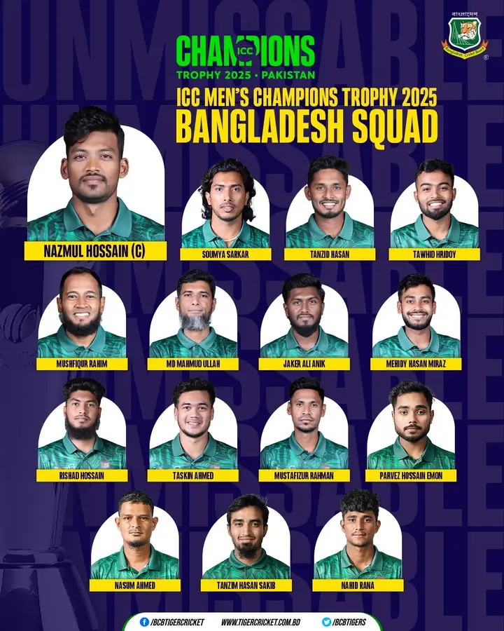 Bangladesh has announced its squad for the ICC Champions Trophy 2025, with Najmul Hossain Shanto as captain. Shakib Al Hasan and Litton Das miss out.