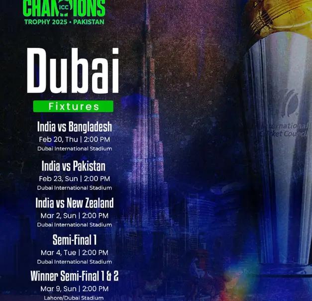 Dubai fixtures of icc champions trophy 2025