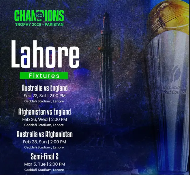 Lahore fixtures of icc champions trophy 2025