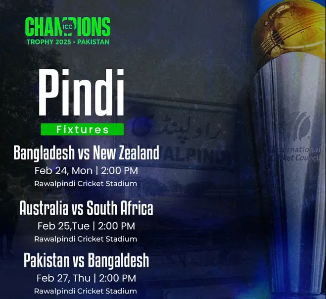 Pindi fixtures of icc champions trophy 2025